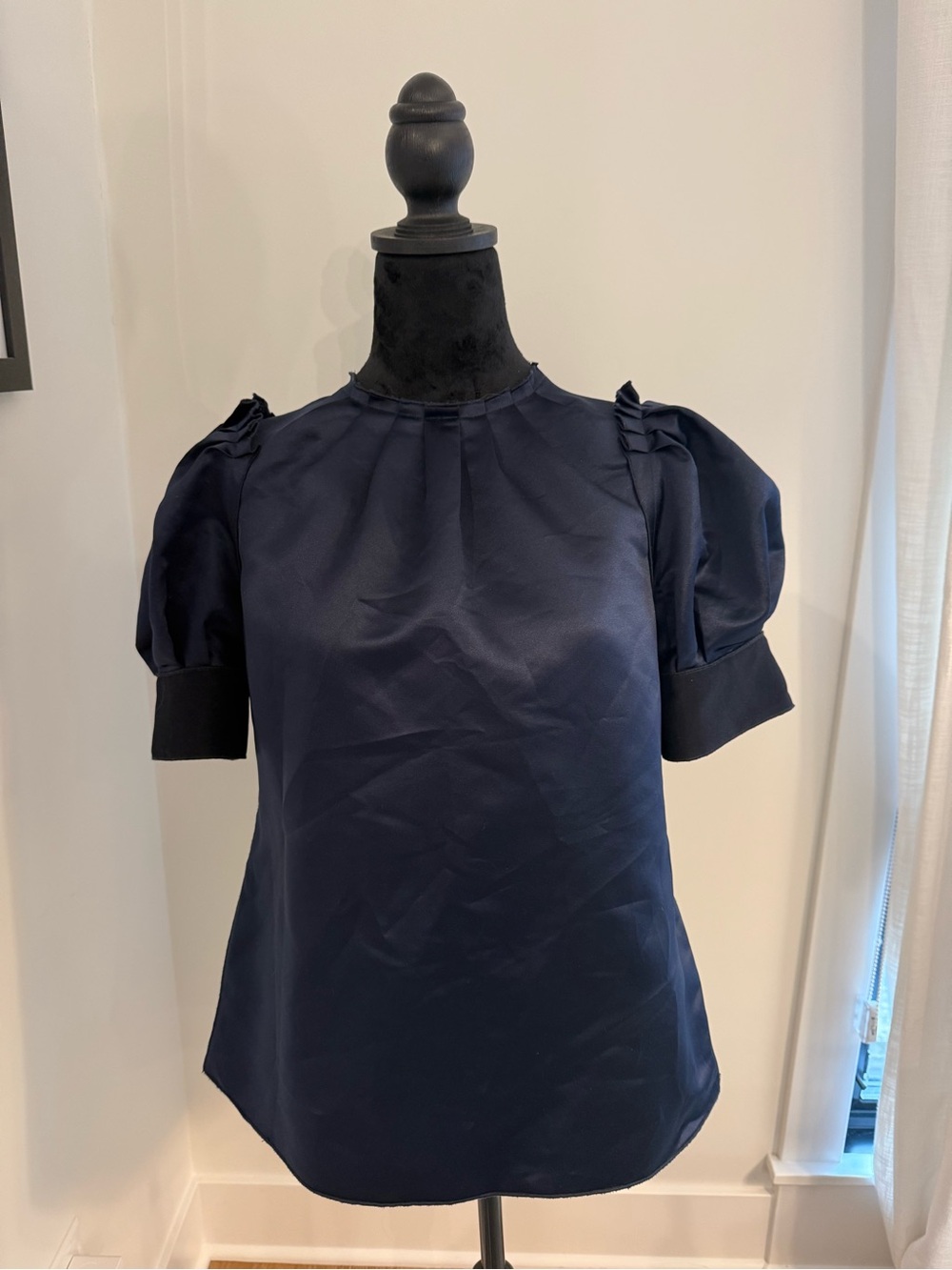 D&G Dolce & Gabbana Navy Satin Puff Sleeve Blouse Top